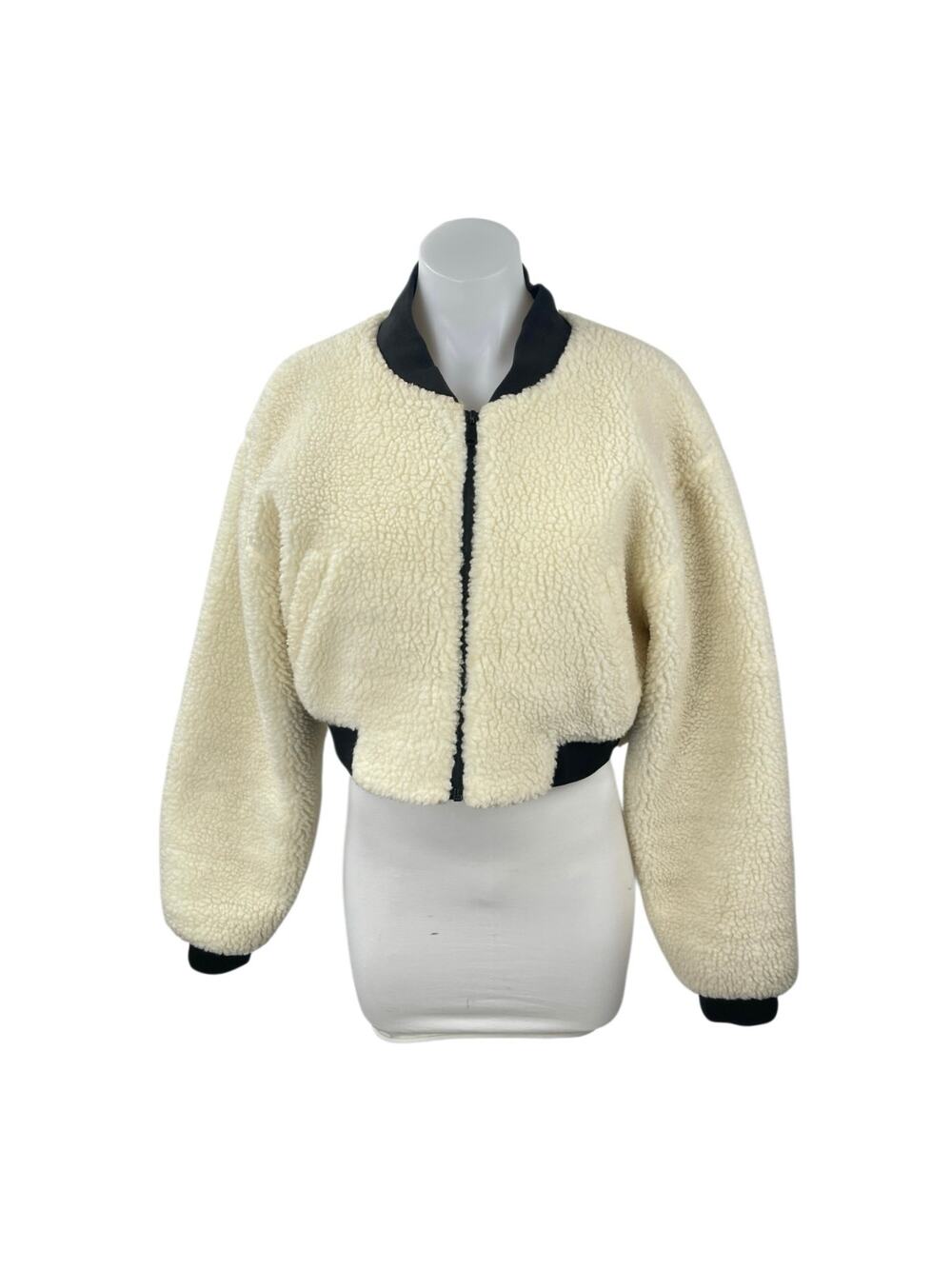 Adika Saint Women's Sherpa Fleece Faux Fur Long Sleeve Crop Bomber Coat Jacket M